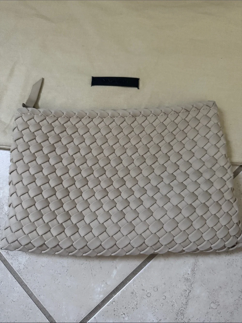 Naghedi medium Woven Top-Handle Tote with Matching Pouch in cream